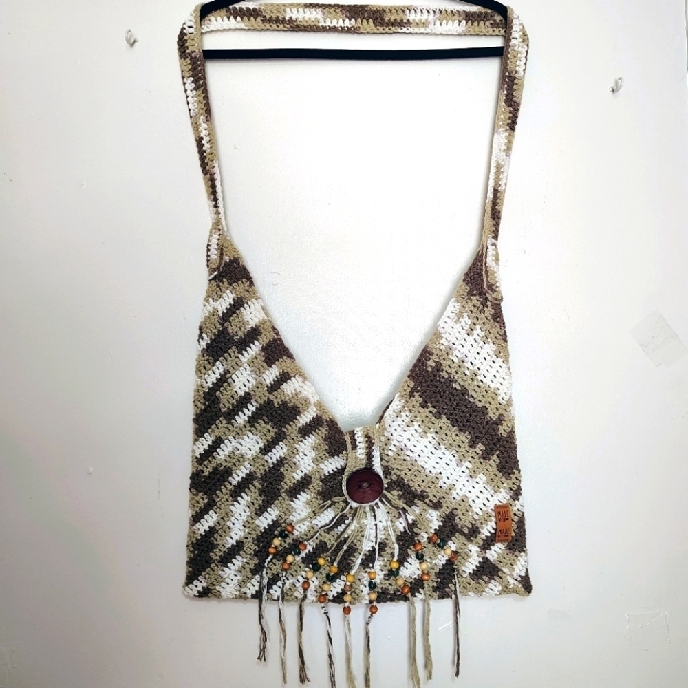 NWOT Handmade Crochet Boho Chic Hippie Crossbody Bag with Fringe Cotton.